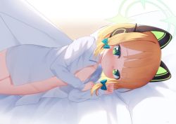 Rule 34 | 1girl, animal ear headphones, animal ears, bed sheet, blonde hair, blue archive, blue bow, blush, bow, cat ear headphones, closed mouth, collared shirt, commentary request, dress shirt, fake animal ears, green eyes, hair bow, halo, headphones, kokone (coconeeeco), lying, midori (blue archive), on side, open clothes, open shirt, revision, shirt, sidelocks, smile, solo, white shirt