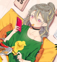 Rule 34 | 1girl, agnamore, bad id, bad pixiv id, bag, bare shoulders, black choker, blonde hair, calendar (object), cellphone, choker, closed mouth, collarbone, commentary request, doritos, dutch angle, food in mouth, green shirt, grey hair, hair between eyes, hand up, holding, holding phone, indoors, korean commentary, long hair, mole, mole under eye, mouth hold, multicolored hair, off shoulder, original, parted bangs, phone, pillow, ponytail, red eyes, shirt, short sleeves, sitting, solo, streaked hair