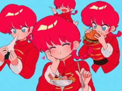 Rule 34 | blue background, blue eyes, burger, chinese clothes, closed eyes, dumpling, eating, food, heart, ice cream, jpeg artifacts, open mouth, ranma-chan, ranma 1/2, red hair, sanamaru (sana79261827), simple background, variations