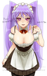 Rule 34 | 1girl, alternate costume, apron, bad id, bad pixiv id, bare shoulders, black dress, black thighhighs, bow, bowtie, breasts, chiyo (no3baki), cleavage, collarbone, cowboy shot, detached collar, dress, enmaided, fujiwara yukino, large breasts, leaning forward, long hair, looking at viewer, maid, maid headdress, parted lips, pink eyes, purple hair, red bow, red bowtie, smile, solo, thighhighs, twintails, waist apron, watermark, wrist cuffs, yu-gi-oh!, yu-gi-oh! 5d&#039;s, yu-gi-oh! gx, yu-gi-oh! gx tag force, yu-gi-oh! tag force