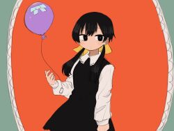 Rule 34 | 1girl, apricot (vocaloid), arm at side, balloon, black dress, black eyes, black hair, blush, closed mouth, collared shirt, cowboy shot, dress, hair over shoulder, hair ribbon, hand up, highres, ino (tellu0120), long sleeves, looking at viewer, orange background, pinafore dress, ribbon, shirt, sleeveless, sleeveless dress, solo, standing, vocaloid, white sleeves, yellow ribbon