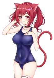 Rule 34 | 1girl, absurdres, animal ears, arm up, azur lane, bare arms, bare shoulders, benedia, blue one-piece swimsuit, breasts, cat ears, cat girl, cat tail, choker, collarbone, commentary request, competition swimsuit, covered navel, cowboy shot, crotch seam, fangs, hand on own chest, highres, i-19 (azur lane), large breasts, long hair, looking at viewer, one-piece swimsuit, red eyes, red hair, simple background, skindentation, smile, solo, sweatdrop, swimsuit, tail, thighhighs, thighs, twintails, white background, white thighhighs