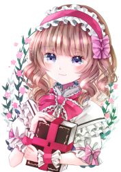 Rule 34 | 1girl, alice margatroid, blonde hair, blue dress, book, bow, cape, closed mouth, dress, floral background, flower, hair between eyes, hairband, hand up, jaku sono, leaf, pink bow, pink flower, pink hairband, pink neckwear, puffy short sleeves, puffy sleeves, short hair, short sleeves, simple background, smile, solo, touhou, white background, white cape, white sleeves, wrist cuffs