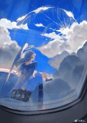 Rule 34 | 1girl, airplane interior, angel, angel wings, bag, black footwear, blue background, blue hair, blue sky, blue theme, cloud, cloudy sky, commentary, day, dress, feathered wings, flying, from behind, full body, halo, highres, holding, holding suitcase, long hair, original, outdoors, shoes, sitting, sky, solo, suitcase, symbol-only commentary, weibo logo, weibo watermark, white dress, wings, youzhi