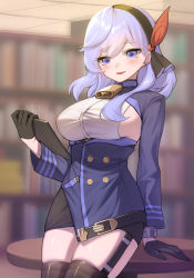 Rule 34 | 1girl, absurdres, ako (blue archive), bell, black gloves, black thighhighs, blue archive, blue eyes, blue hair, blurry, blurry background, blush, bookshelf, breasts, buttons, double-breasted, ear piercing, earrings, garter belt, gloves, hair between eyes, hairband, half gloves, hand on table, highres, holding, indoors, jewelry, large breasts, long hair, long sleeves, looking at viewer, neck bell, piercing, sbgu, sideboob, skindentation, solo, table, thighhighs, zettai ryouiki