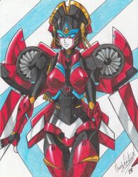 Rule 34 | 1girl, 2019, autobot, blue eyes, breasts, humanoid robot, mechanical arms, mechanical legs, mechanical wings, medium breasts, ravernclouk design, robot, simple background, solo, traditional media, transformers, windblade (transformers), wings