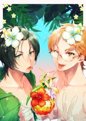 Rule 34 | 2boys, ;), ;p, bad id, bad pixiv id, bendy straw, blue eyes, brown eyes, drinking straw, flower, glasses, gradient background, green eyes, green hair, hair flower, hair ornament, hibiscus, hood, hoodie, jacket, juuouin kakeru, king of prism, king of prism by prettyrhythm, kougami taiga, looking at viewer, male focus, mr0308, multiple boys, one eye closed, open clothes, open jacket, pretty rhythm, pretty series, smile, tongue, tongue out, topless male, v