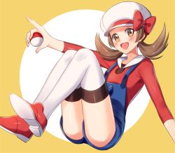 Rule 34 | 1girl, :d, blue overalls, bow, brown eyes, brown hair, cabbie hat, commentary request, creatures (company), game freak, hat, hat bow, holding, holding poke ball, long hair, lyra (pokemon), nintendo, open mouth, overalls, poke ball, poke ball (basic), pokemon, pokemon hgss, red bow, red footwear, red shirt, scbstella, shirt, shoes, smile, solo, thighhighs, thighs, twintails, white hat
