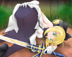 Rule 34 | 1girl, anbee (arary), aqua eyes, artoria pendragon (all), artoria pendragon (fate), ass, bare shoulders, black bow, black bowtie, black footwear, black pantyhose, black ribbon, blonde hair, blush, bow, bowtie, breasts, bush, closed mouth, clothes lift, detached collar, dress, dress lift, fate/grand order, fate (series), female focus, from behind, gloves, grass, hair ribbon, have to pee, highres, holding, holding sword, holding weapon, lifted by self, light blush, medium breasts, outdoors, panties, pantyhose, ponytail, ribbon, saber lily, shoes, smile, solo, strapless, strapless dress, sword, top-down bottom-up, underwear, wavy mouth, weapon, white dress, white gloves, white panties