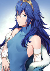 Rule 34 | 1girl, ameno (a meno0), bad id, bad twitter id, blue background, blue eyes, blue hair, breasts, commentary request, detached sleeves, eyelashes, fire emblem, fire emblem awakening, fur trim, gem, gradient background, hair between eyes, long hair, looking at viewer, lucina (fire emblem), nintendo, off shoulder, see-through, see-through sleeves, sidelocks, sleeveless, small breasts, solo, tiara, upper body, white background