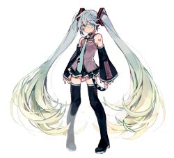 Rule 34 | 1girl, bare shoulders, black footwear, black skirt, black sleeves, blue eyes, blue hair, blue necktie, blush, boots, detached sleeves, full body, hair ornament, hatsune miku, headphones, headset, long hair, looking at viewer, microphone, necktie, pleated skirt, sapphire (nine), shirt, skirt, smile, solo, thigh boots, twintails, very long hair, vocaloid, vocaloid boxart pose