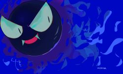 Rule 34 | :d, artist name, black eyes, blue background, creatures (company), fangs, fangs out, game freak, gastly, gen 1 pokemon, highres, looking to the side, nintendo, no humans, open mouth, pokemon, pokemon (creature), smile, solo, valentine (02140314c)