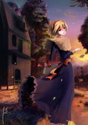 Rule 34 | 1girl, absurdres, alice margatroid, arm up, blonde hair, blue dress, blue eyes, book, capelet, diandianzai, dress, forest, hairband, highres, house, lolita hairband, long sleeves, looking at viewer, looking back, mountain, nature, outdoors, parted lips, sash, short hair, sign, signature, solo, touhou, twilight