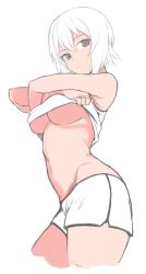 Rule 34 | 10s, 1girl, bare shoulders, breasts, brown eyes, clothes lift, female focus, girls und panzer, goji (five clock), nishizumi maho, partially colored, shirt, shirt lift, short hair, shorts, simple background, sketch, solo, underboob, unfinished, white background, white hair