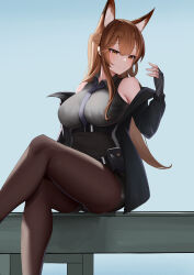 Rule 34 | 1girl, absurdres, animal ears, arknights, bare shoulders, black gloves, black jacket, black pantyhose, black shirt, black shorts, blue necktie, breasts, brown eyes, brown hair, collared shirt, crossed legs, feet out of frame, fingerless gloves, fox ears, fox girl, franka (arknights), gloves, highres, jacket, lahz52, large breasts, necktie, open clothes, open jacket, pantyhose, pantyhose under shorts, ponytail, shirt, shorts, sidelocks, sitting, sleeveless, sleeveless shirt, smile, solo, thighs