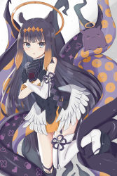 Rule 34 | 1girl, :o, animal ears, ao-chan (ninomae ina&#039;nis), bare shoulders, black dress, black footwear, black gloves, black hair, blue eyes, blush, book, brown hair, commentary, detached sleeves, dress, feathered wings, full body, gloves, gradient hair, grey background, halo, highres, hololive, hololive english, hugging object, long hair, looking at viewer, low wings, mole, mole under eye, multicolored hair, ninomae ina&#039;nis, ninomae ina&#039;nis (1st costume), parted lips, platform footwear, sandals, single detached sleeve, single thighhigh, swon (joy200892), takodachi (ninomae ina&#039;nis), tentacles, thighhighs, very long hair, virtual youtuber, white background, white sleeves, white thighhighs, white wings, wings, zouri