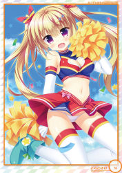 Rule 34 | 1girl, bare shoulders, blonde hair, blue shirt, blue sky, breasts, cheerleader, cleavage, cleavage cutout, clothing cutout, cloud, confetti, crop top, crotch seam, day, elbow gloves, fang, gloves, hair ornament, hair ribbon, hairclip, hand up, heart cutout, highres, holding, holding pom poms, long hair, looking at viewer, medium breasts, midriff, miniskirt, navel, open mouth, original, otona no moeoh, panties, pom pom (cheerleading), pom poms, purple eyes, red skirt, ribbon, shirt, shoes, skirt, sky, sleeveless, sleeveless shirt, solo, star (symbol), thighhighs, toranosuke, twintails, underwear, white gloves, white panties, white thighhighs