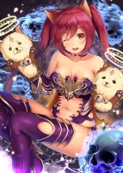 Rule 34 | 1girl, ;d, animal ears, arm guards, armor, bare shoulders, bell, blue fire, blush, boots, breasts, cerberus (shingeki no bahamut), cleavage, clothing cutout, collarbone, crossed bandaids, electricity, fire, glowing, halo, hand puppet, jingle bell, knee boots, light particles, long hair, looking at viewer, medium breasts, navel, navel cutout, one eye closed, open mouth, puppet, purple footwear, purple thighhighs, red eyes, red hair, revealing clothes, shingeki no bahamut, sitting, skull, smile, solo, stomach, strapless, tareme, thighhighs, thighhighs under boots, twintails, very long hair, yuririn poi