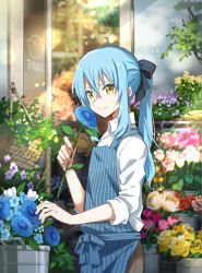 Rule 34 | 1other, ambiguous gender, apron, black bow, blue apron, blue flower, blue hair, bow, closed mouth, collared shirt, flower, hair between eyes, hair bow, highres, holding, holding flower, long hair, pink flower, ponytail, rimuru tempest, shirt, shoura, solo, striped apron, striped clothes, tensei shitara slime datta ken, white shirt, wing collar, yellow eyes, yellow flower