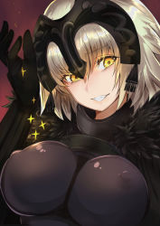 Rule 34 | 14sai bishoujo (shoutarou), 1girl, armor, armored dress, black gloves, blonde hair, breasts, capelet, covered erect nipples, elbow gloves, fate/apocrypha, fate/grand order, fate (series), fur trim, gloves, glowing, glowing eyes, headpiece, jeanne d&#039;arc (fate), jeanne d&#039;arc (ruler) (fate), jeanne d&#039;arc alter (avenger) (fate), jeanne d&#039;arc alter (fate), lips, looking at viewer, puffy nipples, ribbon, ruler (fate/grand order), solo, striped ribbon, upper body, yellow eyes