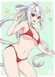Rule 34 | 1girl, :d, ahoge, aqua background, bare arms, bare shoulders, bikini, blush, border, breasts, collarbone, contrapposto, hair rings, hand up, long hair, looking at viewer, matoi (pso2), medium breasts, navel, nyanmaru (ememing), open mouth, outside border, phantasy star, phantasy star online 2, red bikini, red eyes, round teeth, sidelocks, silver hair, simple background, smile, solo, star (symbol), stomach, swimsuit, teeth, thighs, twintails, twitter username, underboob, upper teeth only, very long hair, white border