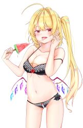 Rule 34 | 1girl, ahoge, black bra, black panties, blonde hair, bow, bow bra, bow panties, bra, breasts, cleavage, commentary request, cowboy shot, crystal, flandre scarlet, food, half-closed eyes, hand in own hair, highres, holding, holding food, long hair, looking to the side, low wings, medium breasts, navel, open mouth, panties, partial commentary, popsicle, red eyes, sakuramiya nya, saliva, saliva trail, side-tie panties, side ponytail, simple background, single hair intake, solo, standing, strap slip, sweat, tongue, tongue out, touhou, underwear, watermelon bar, white background, wings