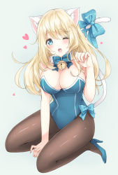 Rule 34 | 10s, 1girl, :3, adapted costume, animal ears, atago (kancolle), bare shoulders, bell, between legs, black pantyhose, blonde hair, blue bow, blue bowtie, blue footwear, blue ribbon, blush, bow, bowtie, breasts, cat ears, cat tail, cleavage, eyebrows, fang, full body, hand between legs, heart, high heels, highres, jingle bell, kantai collection, kemonomimi mode, kittysuit, large breasts, leotard, long hair, looking at viewer, nanairo fuuka, nontraditional playboy bunny, one eye closed, pantyhose, paw pose, ribbon, shoes, simple background, sitting, solo, tail, tail bow, tail ornament, tail ribbon