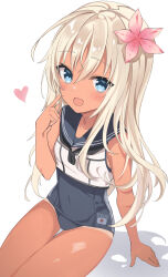 Rule 34 | 1girl, :d, absurdres, azalea (flower), black neckerchief, blonde hair, blue eyes, blue sailor collar, breasts, crop top, fathom, finger to cheek, flower, hair between eyes, hair flower, hair ornament, heart, highres, kantai collection, long hair, looking at viewer, neckerchief, one-piece swimsuit, open mouth, pink flower, ro-500 (kancolle), sailor collar, school swimsuit, school uniform, serafuku, shadow, sitting, small breasts, smile, solo, swimsuit, tan, tanline, white background