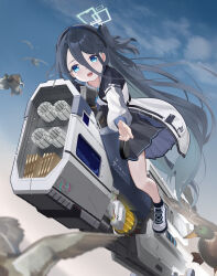 1girl absurdres aqua_halo aris_(blue_archive) bing_nuan_nuan bird black_hair black_skirt blue_archive blue_sky blurry chinese_commentary commentary_request depth_of_field duck facing_viewer hair_between_eyes halo highres jacket long_bangs long_hair looking_ahead on_weapon open_mouth outdoors pleated_skirt riding shoes side_ponytail skirt sky smile solo very_long_hair white_footwear white_jacket