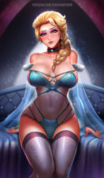 Rule 34 | 1girl, badcompzero, bare shoulders, blonde hair, braid, breasts, breasts apart, bridal gauntlets, cameltoe, choker, collarbone, elsa (frozen), frozen (disney), highres, hip focus, large breasts, lips, long hair, nail polish, navel, see-through, solo, thighhighs, wide hips, yellow eyes