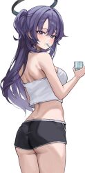 Rule 34 | 1girl, ass, black halo, blue archive, commentary, crop top, cup, from behind, glass, gusim, gym shorts, halo, hashtag-only commentary, highres, mechanical halo, purple eyes, purple hair, short shorts, shorts, simple background, solo, tank top, toothbrush, toothbrush in mouth, white background, white tank top, yuuka (blue archive)