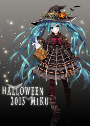 Rule 34 | 10s, 1girl, 2013, aqua eyes, aqua hair, basket, boots, character name, dress, gloves, halloween, hat, hatsune miku, head tilt, highres, holding, jack-o&#039;-lantern, long hair, open mouth, pantyhose, rabbit, solo, star (symbol), striped clothes, striped pantyhose, toki (toki-master), twintails, very long hair, vocaloid, witch, witch hat