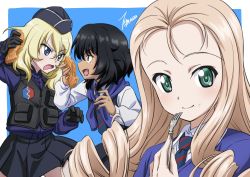 Rule 34 | 3girls, andou (girls und panzer), artist name, bc freedom school uniform, black gloves, black headwear, black skirt, black vest, blonde hair, blue background, blue jacket, blue neckwear, blue sweater, closed mouth, commentary request, diagonal stripes, dress shirt, drill hair, eating, food, food on face, fork, frown, garrison cap, girls und panzer, gloves, green eyes, hat, highres, holding, holding food, holding fork, jacket, katorifuta, leaning forward, long hair, long sleeves, looking at another, looking at viewer, marie (girls und panzer), miniskirt, multiple girls, necktie, open mouth, oshida (girls und panzer), outside border, pleated skirt, red neckwear, school uniform, shirt, signature, skirt, smile, striped neckwear, sweater, sweater around neck, tactical clothes, taiyaki, vest, wagashi, white shirt, wing collar