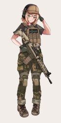 Rule 34 | 1girl, assault rifle, baseball cap, black gloves, blonde hair, blush, brown footwear, brown hat, camouflage, camouflage pants, closed mouth, commentary, ear protection, fn fnc, full body, gloves, green pants, grey background, grey shirt, gun, hand up, hat, highres, holding, holding gun, holding weapon, jizi, looking at viewer, original, pants, rifle, shirt, shoes, short sleeves, simple background, smile, solo, standing, symbol-only commentary, trigger discipline, weapon, yellow eyes