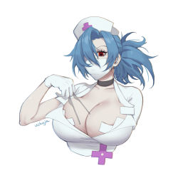 Rule 34 | 1girl, absurdres, blue hair, breasts, choker, cleavage, collarbone, eyepatch, hat, highres, large breasts, mask, mouth mask, nurse cap, ponytail, red eyes, scalpel, skullgirls, solo, surgical mask, uchujin 416, upper body, valentine (skullgirls), white background