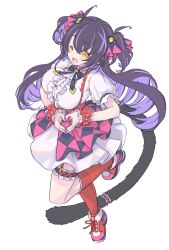 Rule 34 | 1girl, absurdres, animal ears, bow, bowtie, breasts, cat ears, cat girl, cat tail, center frills, collared shirt, cosplay, fang, frills, full body, hair bow, heart, heart hands, high tops, highres, indie virtual youtuber, kiyama satoshi, kneehighs, kuroike momimi, layered skirt, long hair, medium breasts, one eye closed, open mouth, puffy short sleeves, puffy sleeves, purple hair, red socks, shirt, shoes, short sleeves, simple background, skirt, smart falcon (umamusume), smart falcon (umamusume) (cosplay), smile, sneakers, socks, solo, standing, standing on one leg, suspender skirt, suspenders, tail, thigh strap, two side up, umamusume, virtual youtuber, white background, white shirt, wrist cuffs, yellow eyes