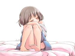 Rule 34 | androgynous, bare legs, bare shoulders, barefoot, bed sheet, blue jacket, blush, brown hair, closed eyes, colored skin, convenient leg, eyebrows, feet, frisk (undertale), full body, gender request, hand on own knee, hand up, hood, hood down, hooded jacket, jacket, legs, long sleeves, off shoulder, orange skin, other focus, rikuo (whace), short hair, signature, simple background, sitting, solo, undertale, white background