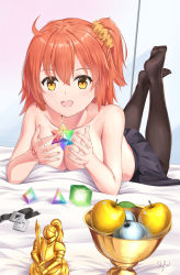 Rule 34 | 1girl, ahoge, apple, black pantyhose, black skirt, blush, breasts, cleavage, collarbone, commentary request, fate/grand order, fate (series), floating, floating object, food, fruit, fujimaru ritsuka (female), gem, golden apple, hair between eyes, hair ornament, hair scrunchie, highres, indoors, jacket, knight, lying, medium breasts, no bra, no shoes, on stomach, one side up, open clothes, open jacket, orange eyes, orange hair, pantyhose, saint quartz (fate), scrunchie, side ponytail, silver apple, skirt, skyrail, solo, statue, topless