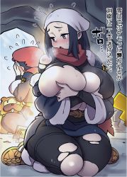 Rule 34 | 1boy, 1girl, absurdres, akari (pokemon), alternate breast size, bidoof, black hair, black undershirt, blizzard, blush, bonfire, boots, breasts, cave, covering breasts, covering privates, creatures (company), fire, flying sweatdrops, game freak, gen 1 pokemon, gen 4 pokemon, hat, head scarf, highres, huge breasts, kakuzatou (satousatotototo), kneeling, large breasts, long hair, nintendo, pikachu, pokemon, pokemon (creature), pokemon legends: arceus, red scarf, rei (pokemon), scarf, seiza, sitting, torn clothes, torn legwear, translation request, white headwear, winter clothes