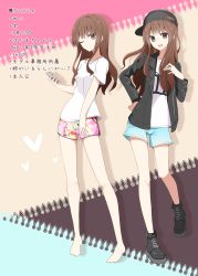Rule 34 | 1girl, :d, a.a (aa772), barefoot, baseball cap, black footwear, black hat, black jacket, blue shorts, boots, brown eyes, brown hair, cellphone, character sheet, closed mouth, commentary request, cross-laced footwear, hand on own hip, hand up, hat, highres, holding, holding phone, jacket, lace-up boots, long hair, long sleeves, multicolored clothes, multicolored shorts, multiple views, one eye closed, open mouth, original, phone, shirt, short shorts, short sleeves, shorts, sidelocks, sideways hat, smile, standing, standing on one leg, translated, very long hair, white shirt