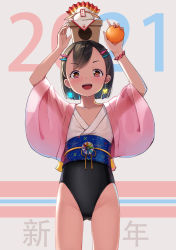 Rule 34 | 1girl, 2021, :d, arms up, black hair, black leotard, collarbone, commentary request, earrings, food, fruit, glowing, hair ornament, hairclip, highres, japanese clothes, jewelry, kagami mochi, kimono, leotard, liclac, mandarin orange, new year, obi, open mouth, original, red eyes, sash, short hair, short sleeves, smile, solo, standing, translation request, white kimono, wide sleeves, yukata