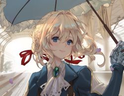 Rule 34 | 10s, 1girl, blonde hair, blue eyes, blue jacket, blush, braid, brooch, commentary, crown braid, flower, hair between eyes, hair intakes, hair ribbon, holding, holding umbrella, jacket, jewelry, lucidsky, mechanical arms, mechanical hands, parasol, petals, pink lips, prosthesis, prosthetic arm, prosthetic hand, red ribbon, ribbon, single mechanical hand, smile, solo, umbrella, unfinished, violet (flower), violet evergarden, violet evergarden (series), white neckwear