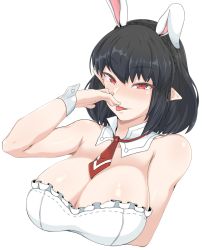 Rule 34 | 1girl, animal ears, player character (mabinogi), bad id, bad pixiv id, bare shoulders, black hair, blush, braid, breast hold, breasts, cleavage, crown braid, detached collar, extra ears, fake animal ears, finger to mouth, frills, large breasts, leotard, licking, licking finger, looking at viewer, mabinogi, mm (yoromu), necktie, playboy bunny, pointy ears, rabbit ears, rabbit girl, red eyes, short hair, simple background, solo, strapless, upper body, white background, wrist cuffs