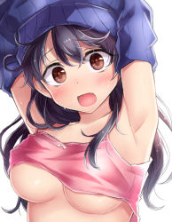 Rule 34 | 10s, 1girl, alternate costume, areola slip, armpits, arms up, black hair, blush, breasts, brown eyes, highres, kantai collection, large breasts, long hair, looking at viewer, neit ni sei, open mouth, pink shirt, purple hair, ribbed sweater, shirt, solo, sweater, tank top, tongue, underboob, undressing, upper body, ushio (kancolle)