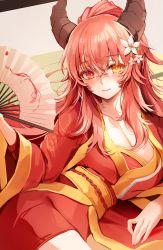 Rule 34 | 1girl, bad id, bad twitter id, bang (gesture), blush, breasts, cleavage, closed eyes, crossed bangs, finger gun, flower, folding fan, hair flower, hair ornament, hand fan, highres, holding, holding fan, horns, japanese clothes, kimono, large breasts, long hair, long sleeves, lying, on side, orange eyes, original, red hair, red kimono, sash, smile, solo, wide sleeves, zerocat