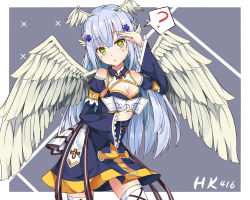 Rule 34 | ?, ai cao, alternate costume, blue hair, breasts, character name, cleavage, detached sleeves, girls&#039; frontline, green eyes, hair ornament, hairclip, highres, hk416 (girls&#039; frontline), long hair, map, salute, solo, wings