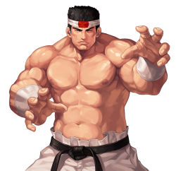 Rule 34 | 1boy, abs, biceps, black hair, closed mouth, commentary request, cowboy shot, daimon gorou, evilgun, closed eyes, facing viewer, fighting stance, fingernails, hachimaki, headband, highres, large pectorals, male focus, muscular, muscular male, navel, nipples, pants, pectorals, serious, topless male, short hair, sideburns, simple background, solo, standing, the king of fighters, the king of fighters &#039;97, thick eyebrows, white background, white pants