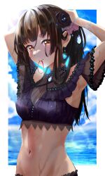 Rule 34 | 1girl, armpit cutout, armpits, arms up, bare shoulders, bikini, blue bikini, breasts, brooch, brown eyes, brown hair, clothing cutout, commentary request, hair tie in mouth, highres, idolmaster, idolmaster shiny colors, jewelry, long hair, looking at viewer, mayuzumi fuyuko, medium breasts, mouth hold, navel, off-shoulder bikini, off shoulder, solo, stomach, swimsuit, uchida (uchida 0ekaki), upper body