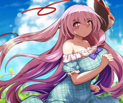 Rule 34 | 1girl, alternate breast size, alternate costume, bare shoulders, breasts, cloud, cloudy sky, commentary request, day, dress, expressionless, fox mask, hair between eyes, hata no kokoro, large breasts, long hair, looking at viewer, mask, pink eyes, pink hair, plaid, plaid dress, sky, solo, touhou, umigarasu (kitsune1963), very long hair