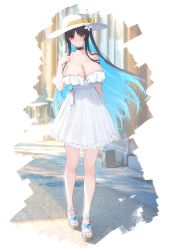 Rule 34 | 1girl, bare shoulders, black hair, blue nails, bow, bowtie, breasts, choker, cleavage, collarbone, commentary request, dress, frills, full body, hair ornament, hand up, hat, highres, huge breasts, long hair, looking at viewer, multicolored hair, nail polish, original, sandals, see-through, short dress, simple background, standing, toes, transparent background, two-tone hair, white dress, xiujia yihuizi, yellow eyes